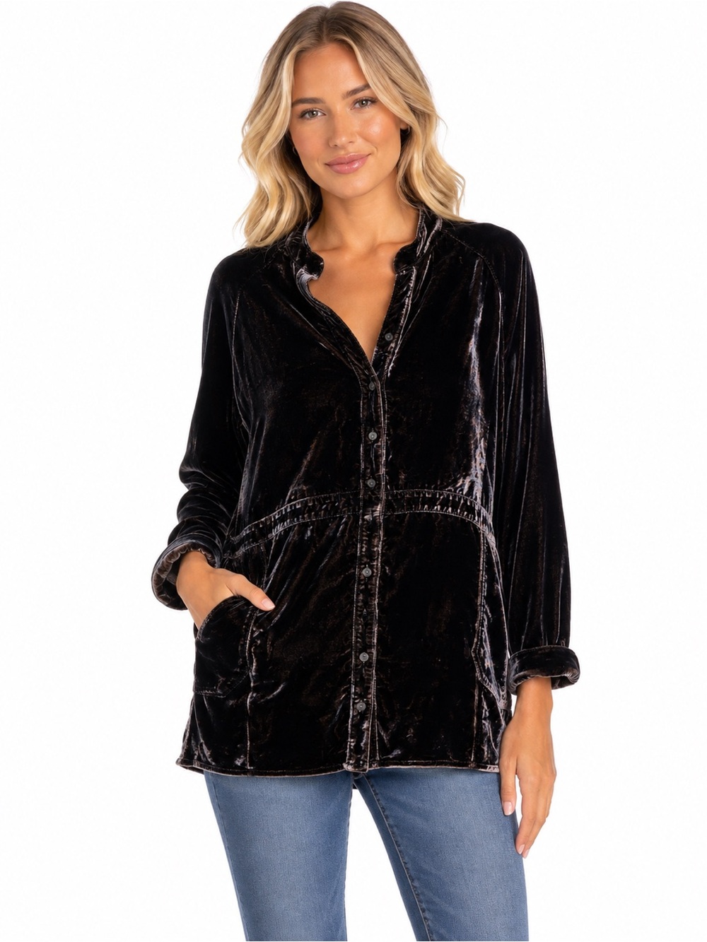 NATURAL LIFE Size Large Navy Blue Velvet Button-Down Tunic